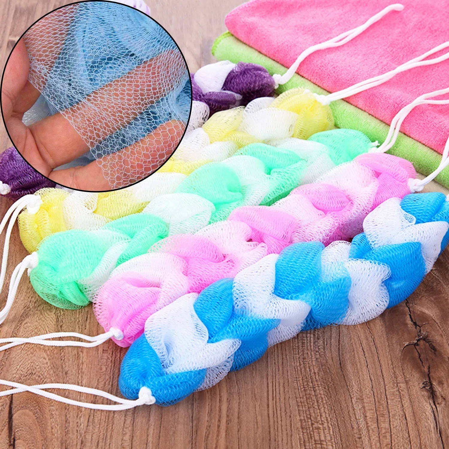 Hanging Bath Shower Long Loofah Sponge Pouf Body Scrubber Small Size (Pack of 6)