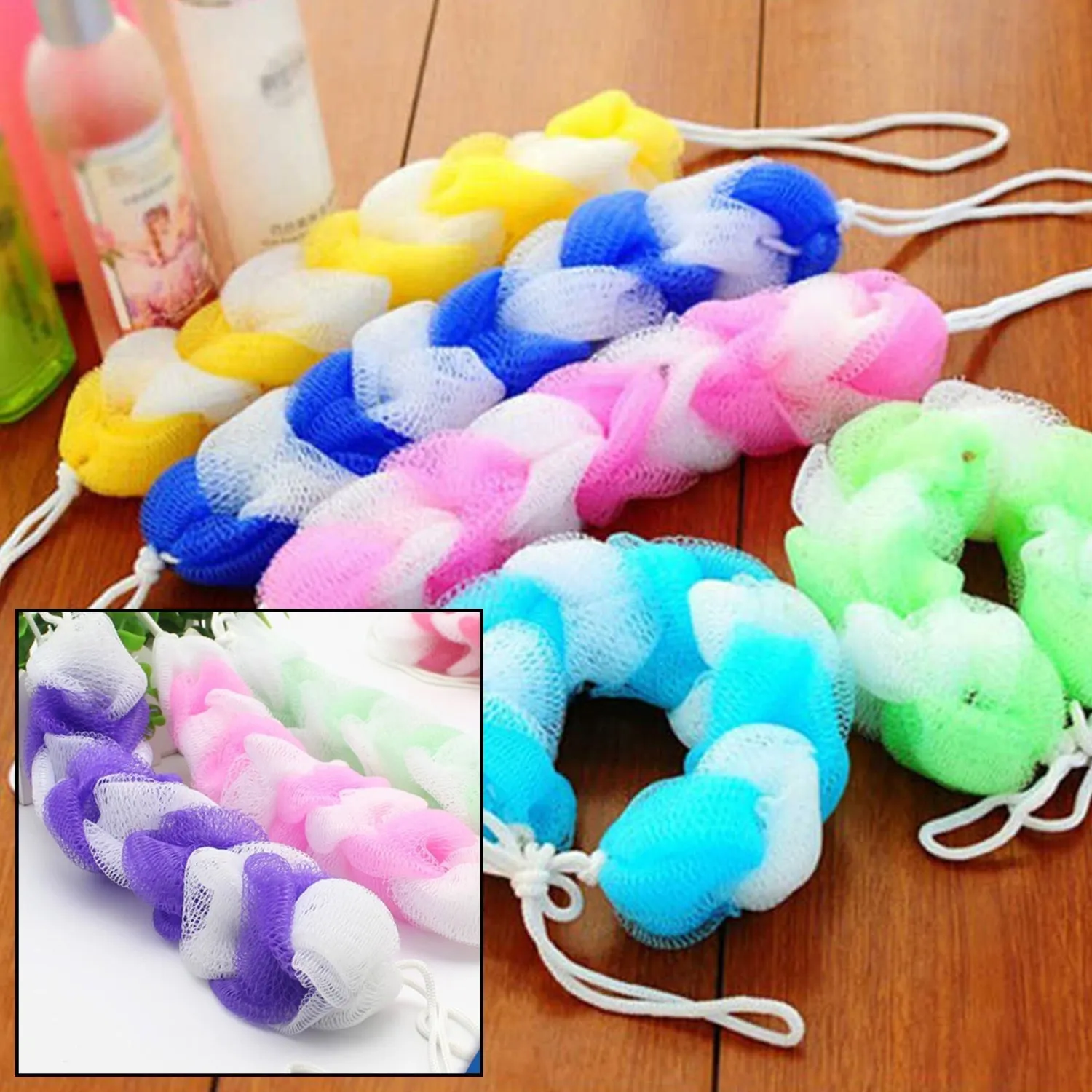 Hanging Bath Shower Long Loofah Sponge Pouf Body Scrubber Small Size (Pack of 6)