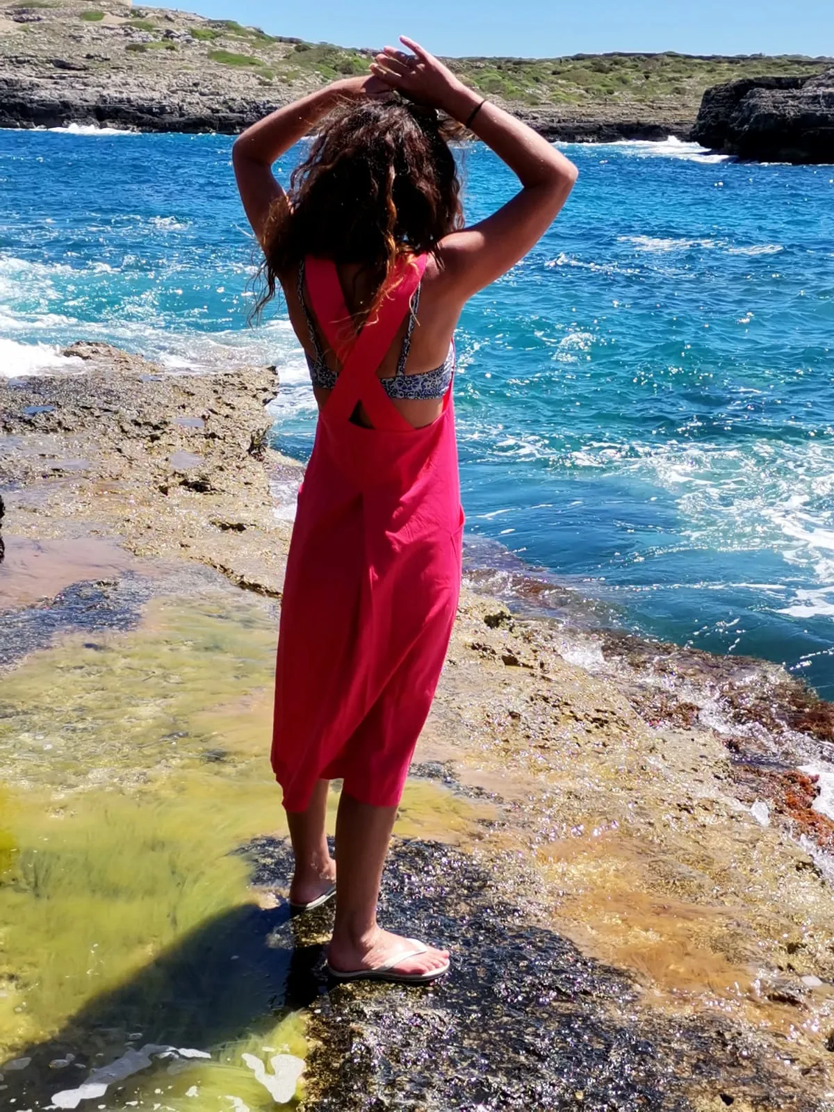 Linen Pinafore Dress in Lipstick Pink