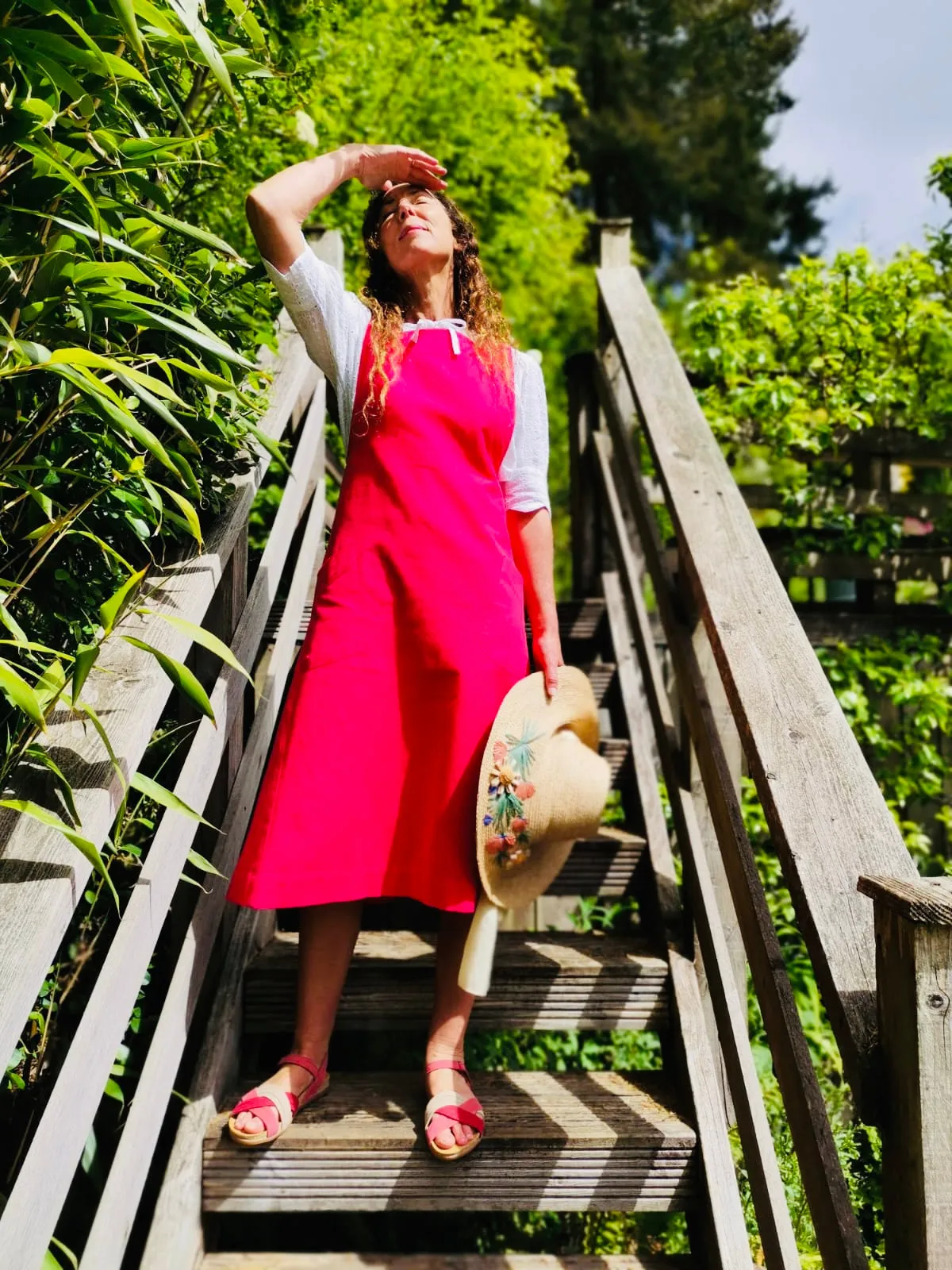 Linen Pinafore Dress in Lipstick Pink