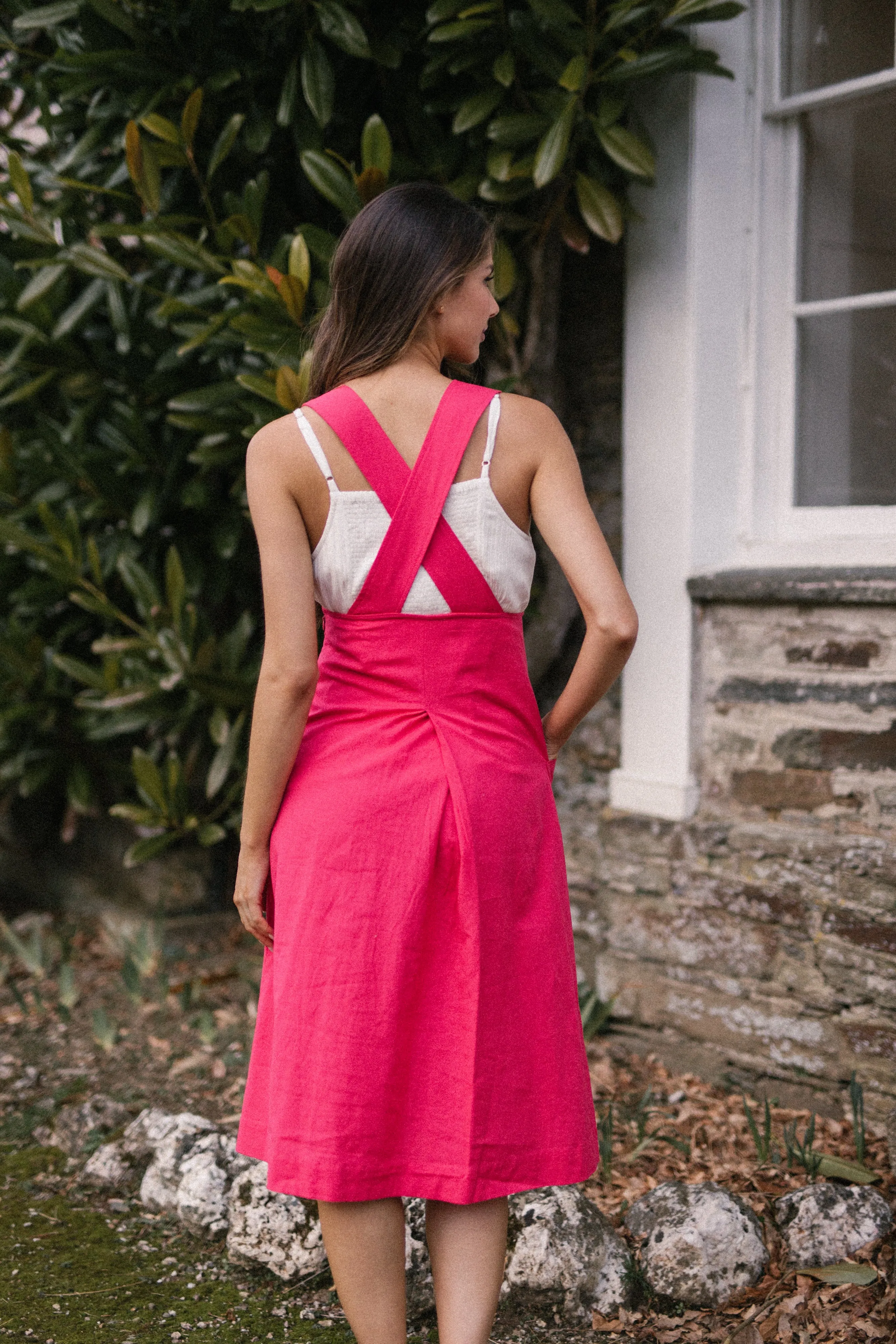 Linen Pinafore Dress in Lipstick Pink