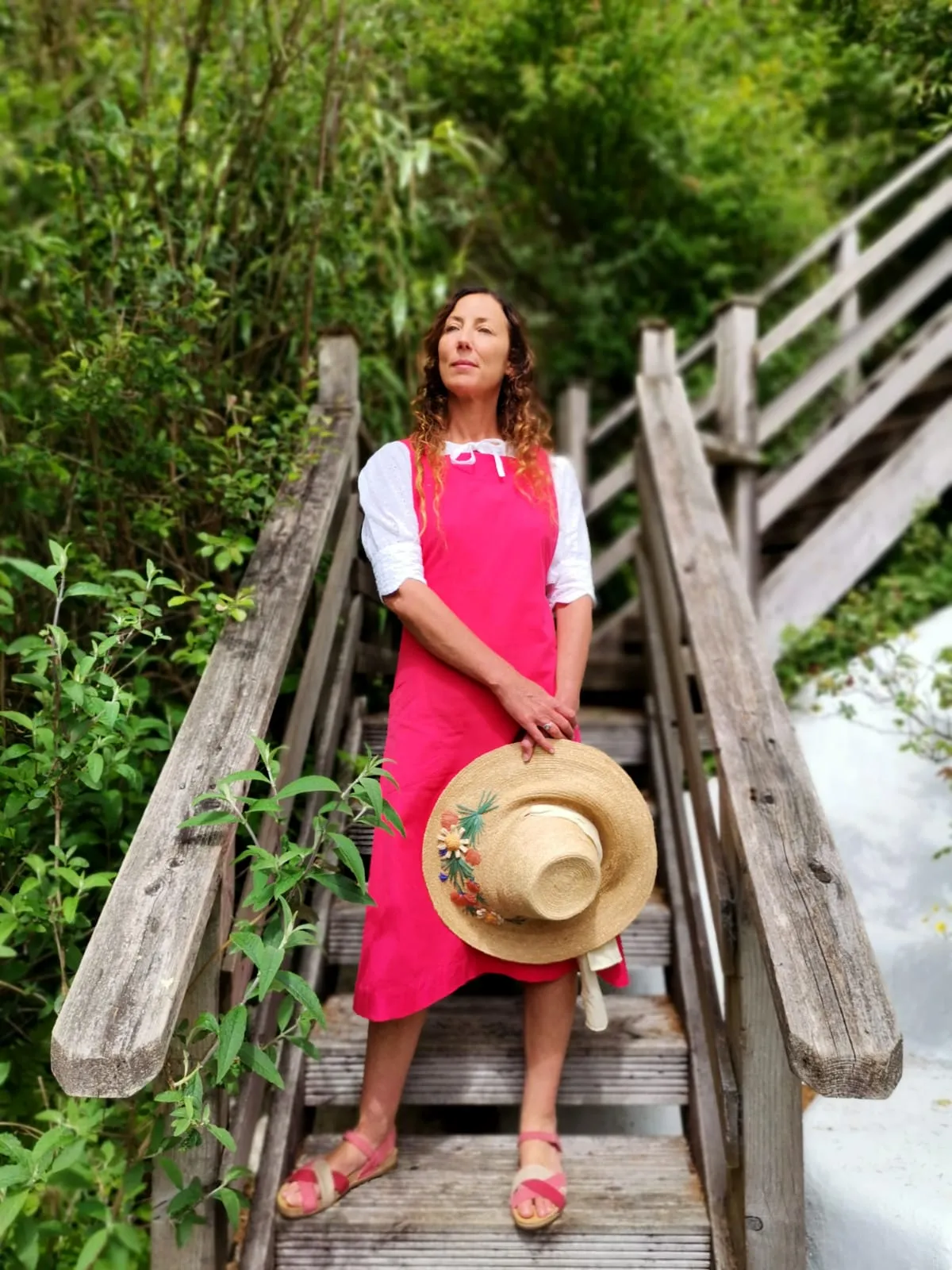 Linen Pinafore Dress in Lipstick Pink