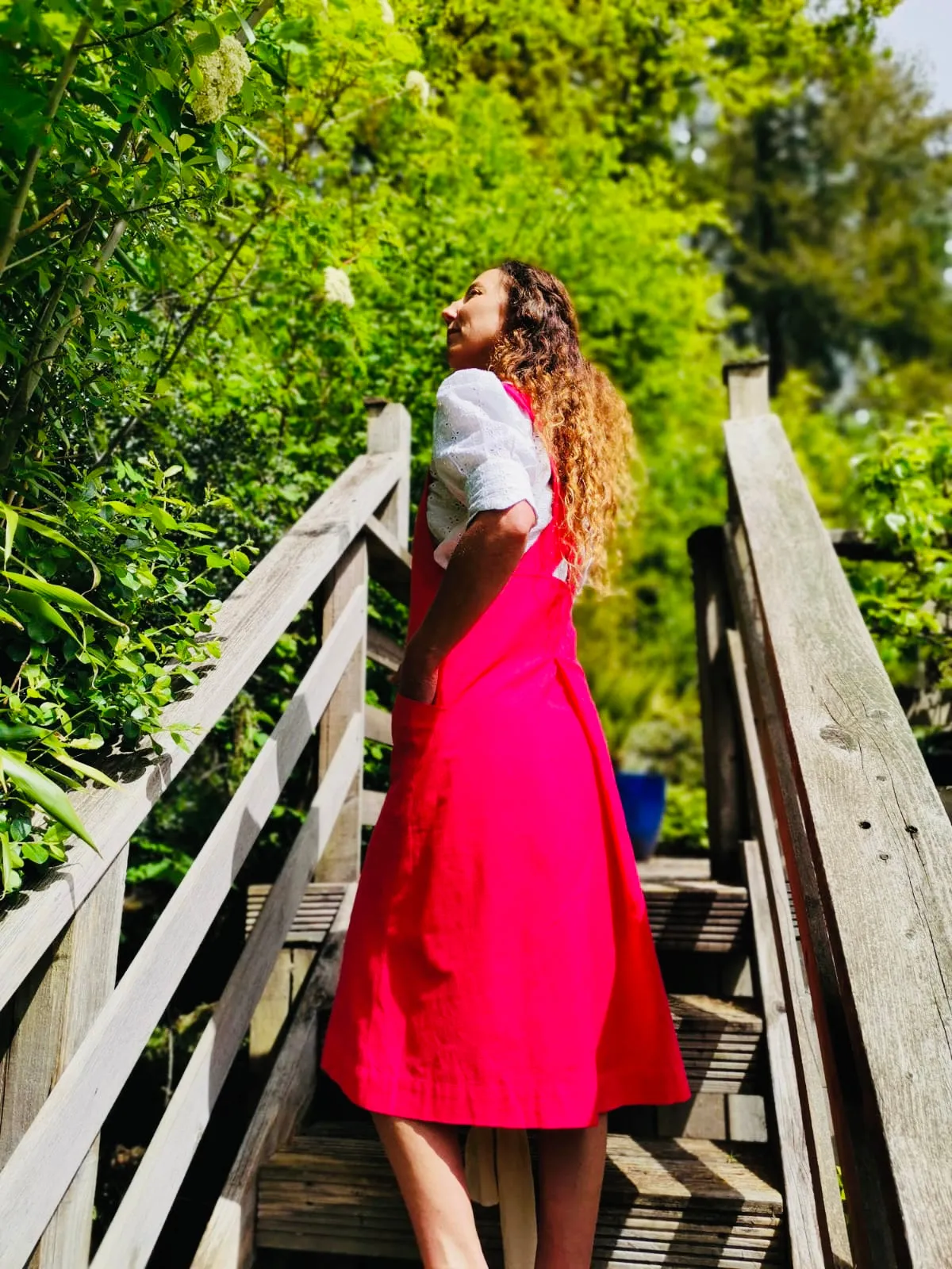 Linen Pinafore Dress in Lipstick Pink