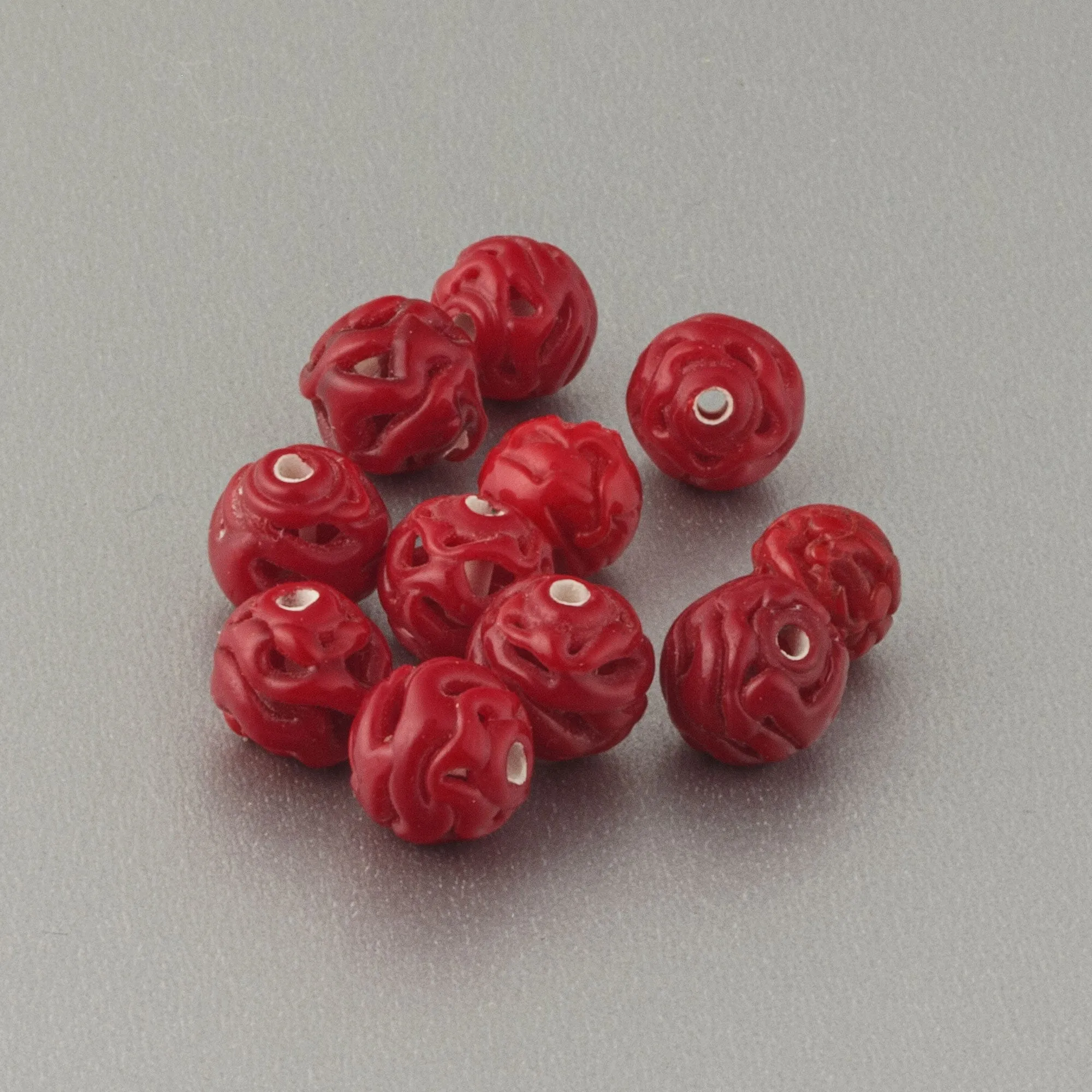 Spiderweb Lace Lampwork Glass Rounds. Lipstick Red. c. 1930. 7-9.3mm. Pkg 6. B11-rd-0921